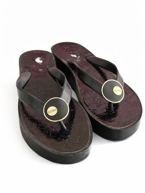 BCBG Platform Flip Flops Black Wedge Sandals Womens Size 10 Logo Disc Thong